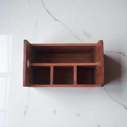 SacredFig Wooden Desk Organizer – 8x6 Inch | 4 Compartments | Handcrafted in Acacia Wood for Office & Home