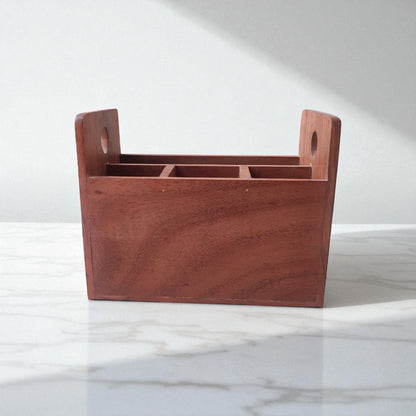 SacredFig Wooden Desk Organizer – 8x6 Inch | 4 Compartments | Handcrafted in Acacia Wood for Office & Home