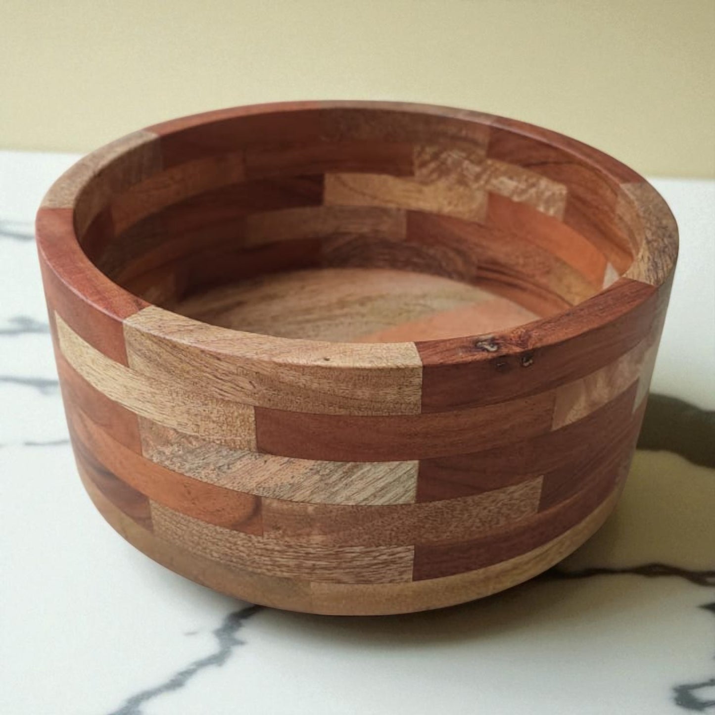 SacredFig Handcrafted Wooden Bowl – 9 Inch | Multi-Wood Checkered Finish | Premium Serveware & Decor