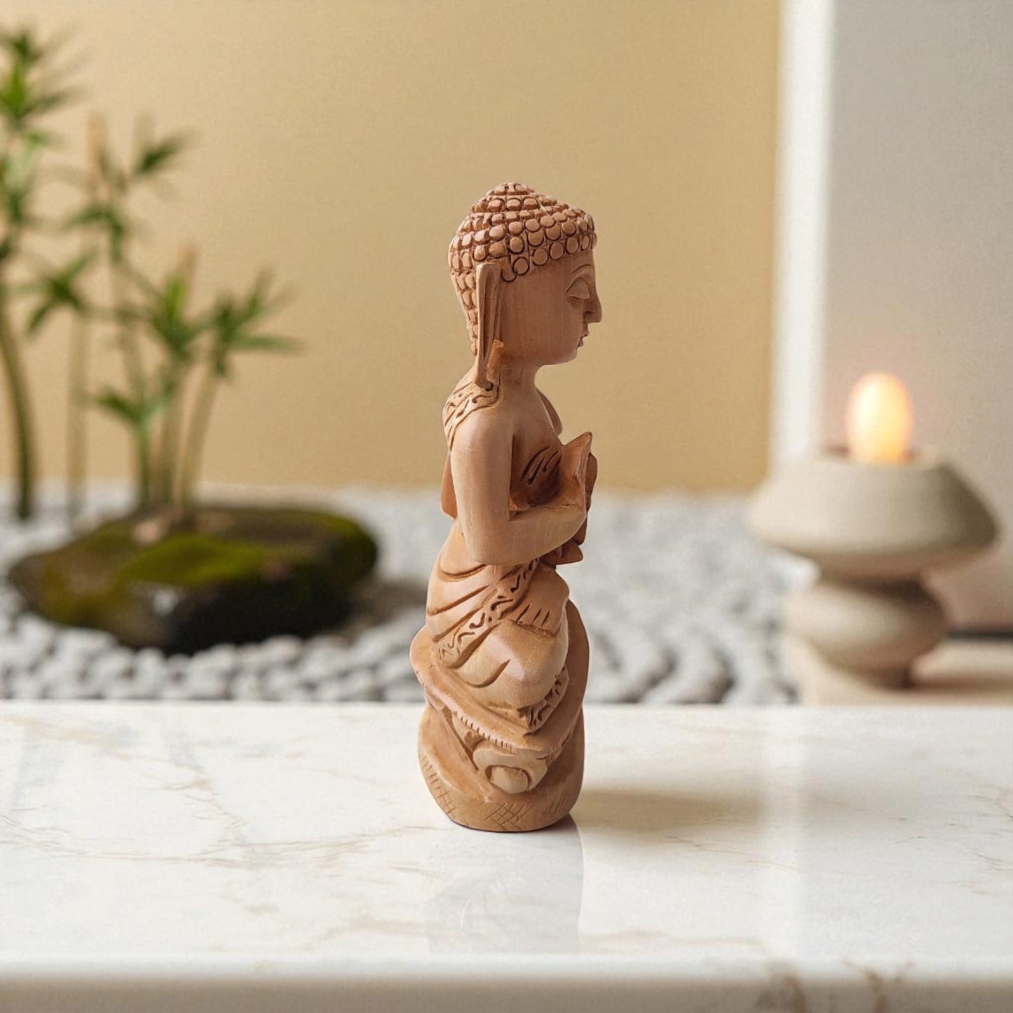 SacredFig Wooden Buddha Idol – 6 Inch | Blessing Pose (Abhaya Mudra) | Handcrafted Spiritual Decor