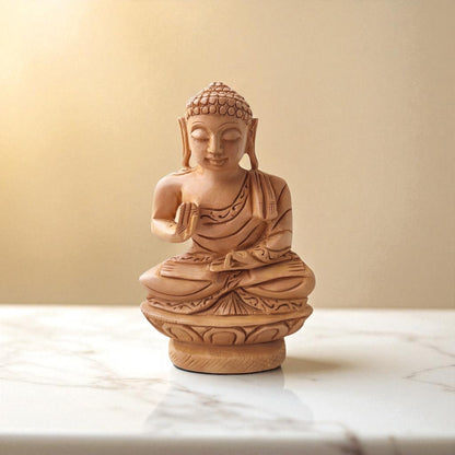 SacredFig Wooden Buddha Idol – 6 Inch | Blessing Pose (Abhaya Mudra) | Handcrafted Spiritual Decor