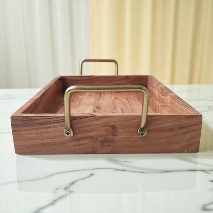 SacredFig Wooden Serving Tray – 13x9 Inch | Handcrafted with Gold Handles | For Dining, Hosting & Decor