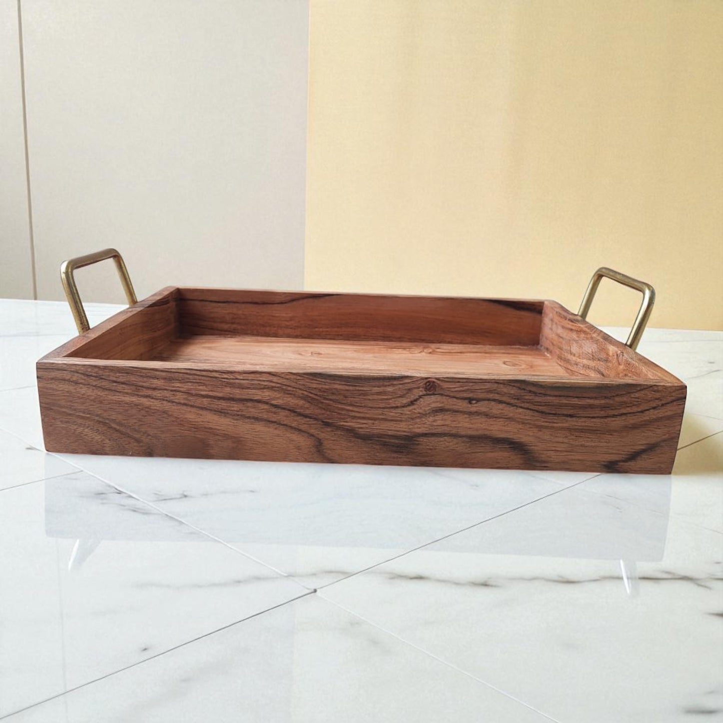 SacredFig Wooden Serving Tray – 13x9 Inch | Handcrafted with Gold Handles | For Dining, Hosting & Decor