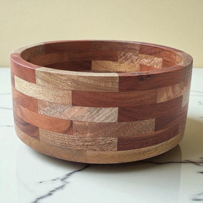 SacredFig Handcrafted Wooden Bowl – 9 Inch | Multi-Wood Checkered Finish | Premium Serveware & Decor