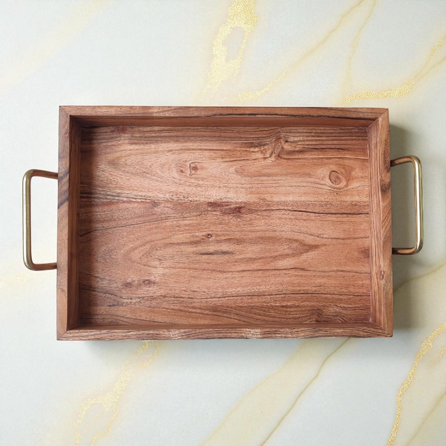 SacredFig Wooden Serving Tray – 13x9 Inch | Handcrafted with Gold Handles | For Dining, Hosting & Decor