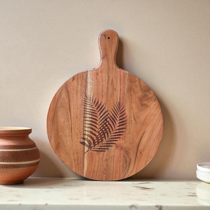 SacredFig Handcrafted Chopping Board | Round 16x12 Inch | Pine Leaf Carving