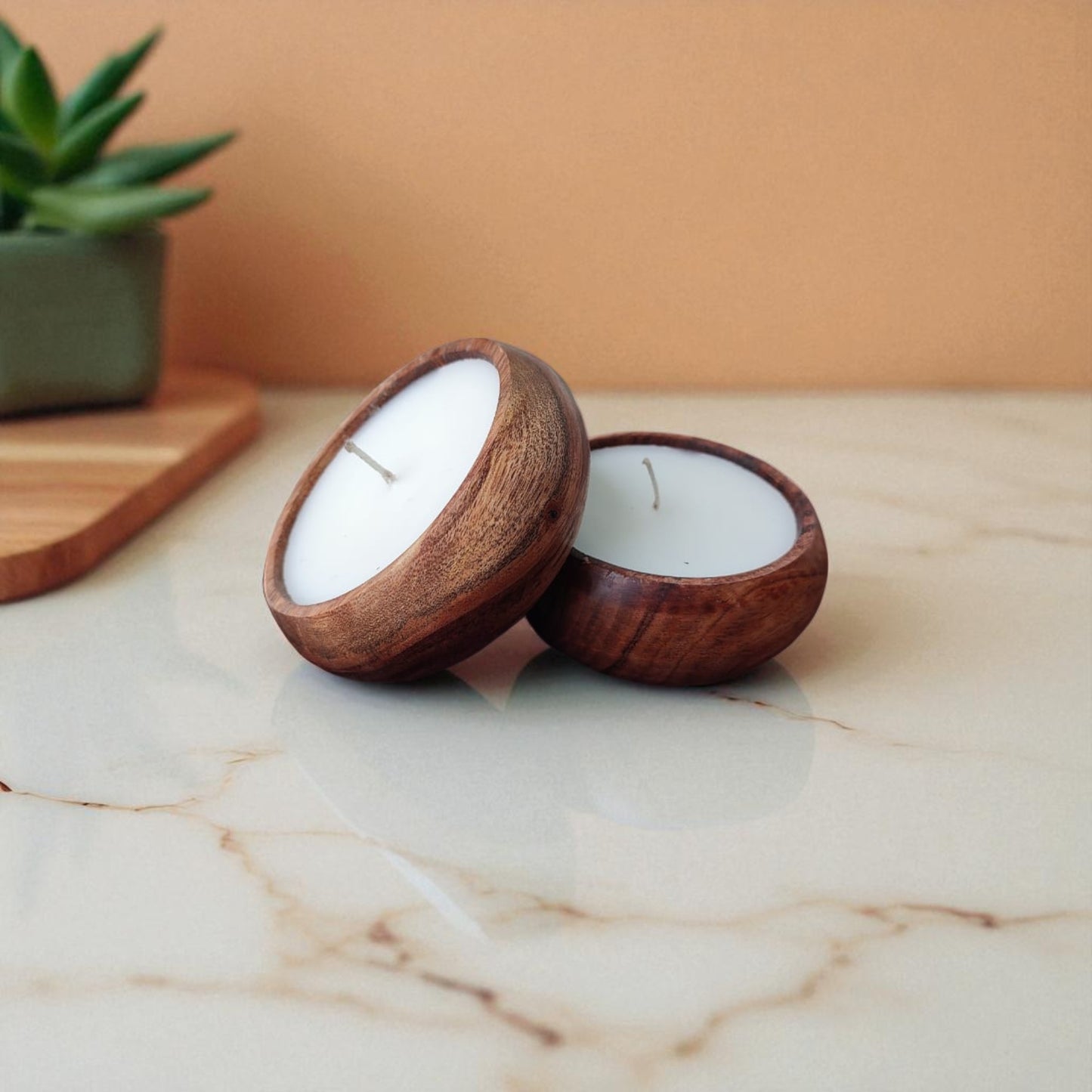 SacredFig Scented Candle | Handcrafted Acacia Wood Container – 4 Inch Round | Elegant Decor Accent
