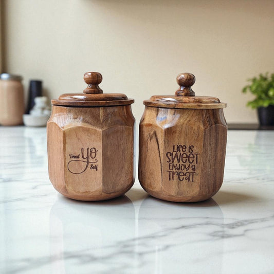 SacredFig Wooden Cookie Jar – Set of 2 | Airtight Lid | Handcrafted Storage for Snacks, Dry Fruits & Treats