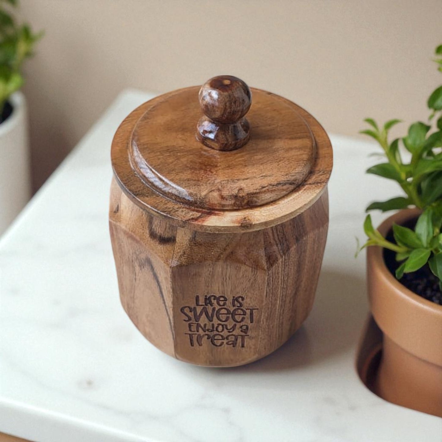 SacredFig Wooden Jar – 6 Inch | Airtight Lid | Life Is Sweet Edition | Storage for Cookies & Snacks