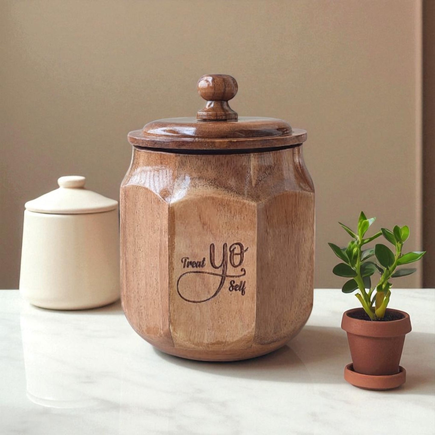 SacredFig Wooden Jar – 6 Inch | Airtight Lid | Treat Yourself Edition | Storage for Cookies & Snacks