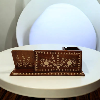 Premium Decorative Office Desk Organizer | Handcrafted white inlaid work on Wood| 12 × 4 in
