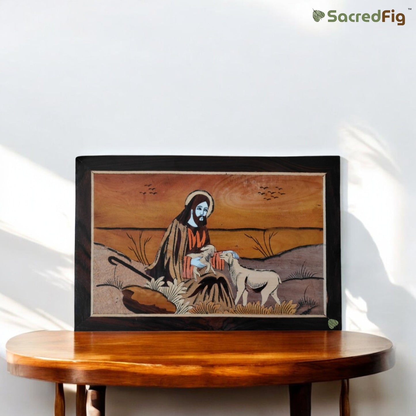 SacredFig Jesus Wall Art – 18x12 Inch | Handcrafted Wooden Panel with Intricate Inlay Work | Spiritual Home Décor