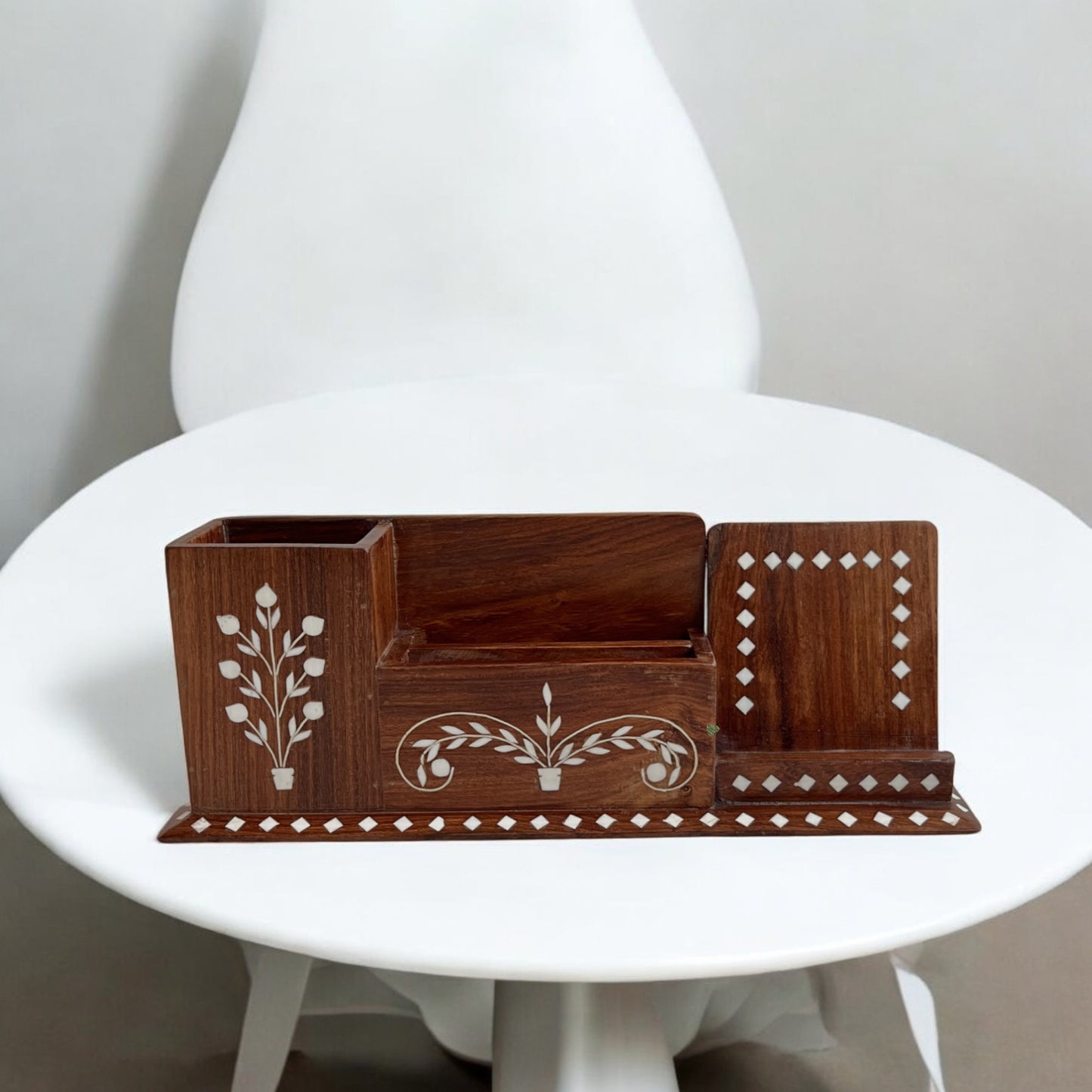 Premium Decorative Office Desk Organizer | Handcrafted white inlaid work on Wood| 12 × 4 in
