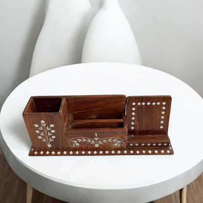 Premium Decorative Office Desk Organizer | Handcrafted white inlaid work on Wood| 12 × 4 in