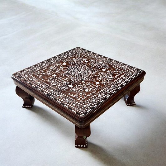 Sheesham Wood Inlaid Art Work Pooja Chowki 16x16 in, Handcrafted, Premium Gloss Finish | Premium Decor by SacredFig