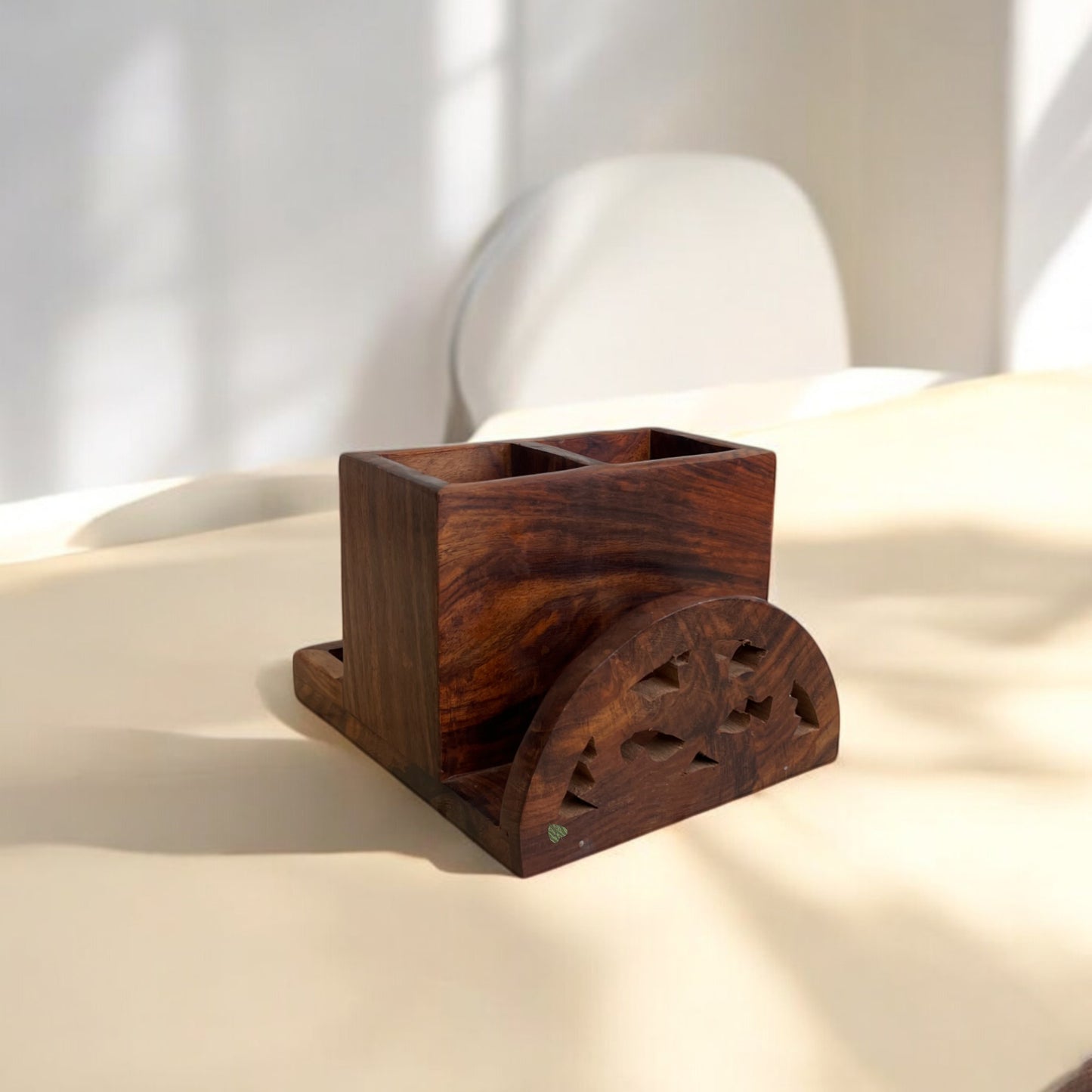 Wooden Caddy with compartments for Stationery | 6 × 7 in