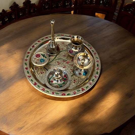Brass Pooja Thali with 5 essential accessories with Red Velvet Box | 8 in