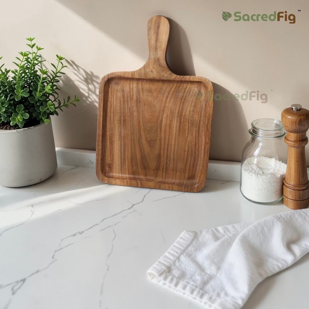 SacredFig Sheesham Wood Square Serving Platter with Handle | Handcrafted Wooden Tray for Snacks, Cheese, Desserts & Appetisers | 10 x 10 In