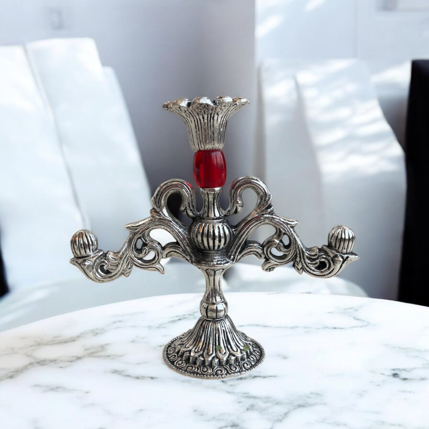 Silver Candle Holder with Elegant Red Accent | Timeless Decor Piece | 6 in