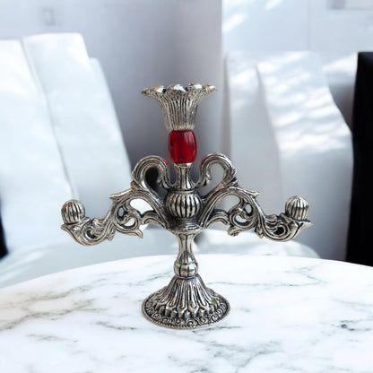 Silver Candle Holder with Elegant Red Accent | Timeless Decor Piece | 6 in