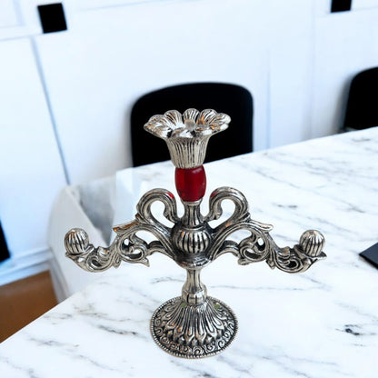 Silver Candle Holder with Elegant Red Accent | Timeless Decor Piece | 6 in