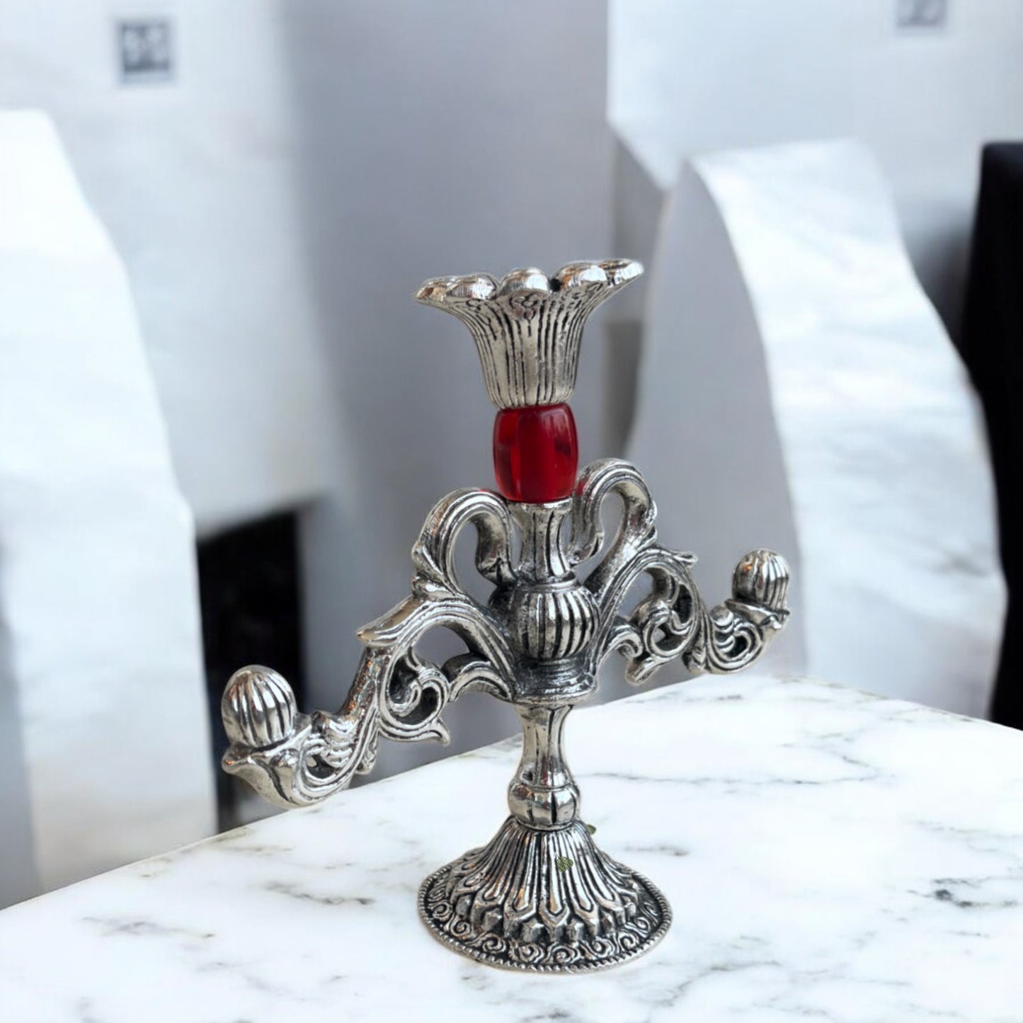 Silver Candle Holder with Elegant Red Accent | Timeless Decor Piece | 6 in