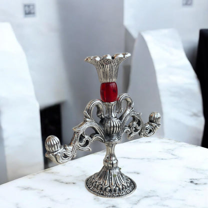 Silver Candle Holder with Elegant Red Accent | Timeless Decor Piece | 6 in