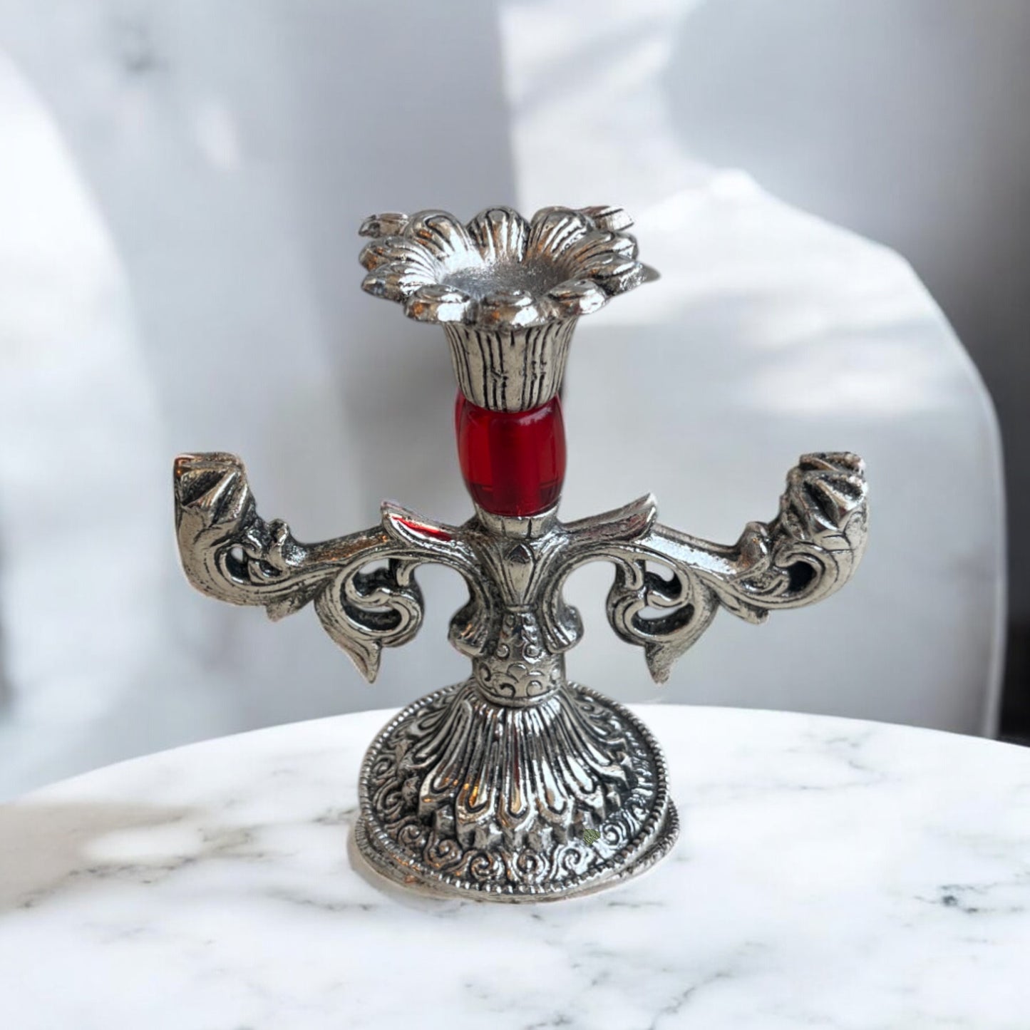 Regal Silver Candle Holder with Striking Red Detailing | Perfect for Elegant Decor| 4 in