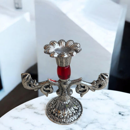 Regal Silver Candle Holder with Striking Red Detailing | Perfect for Elegant Decor| 4 in