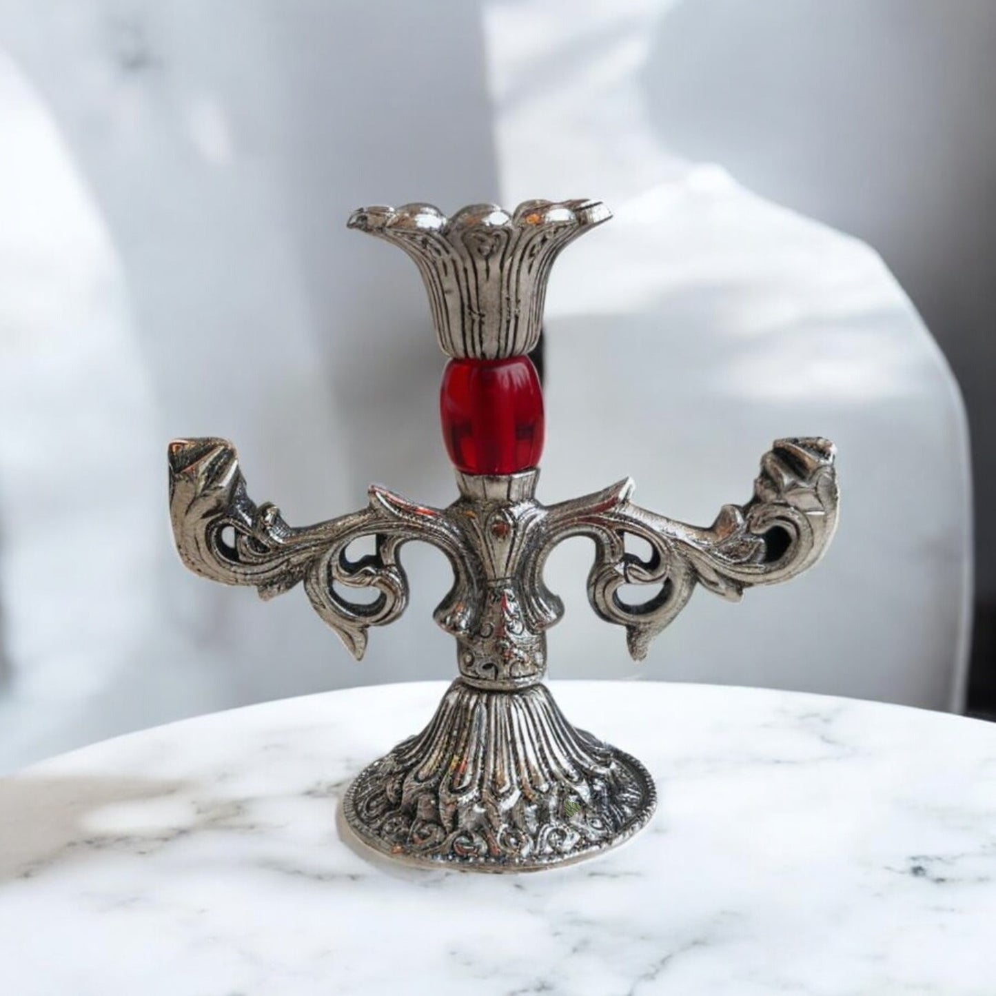 Regal Silver Candle Holder with Striking Red Detailing | Perfect for Elegant Decor| 4 in
