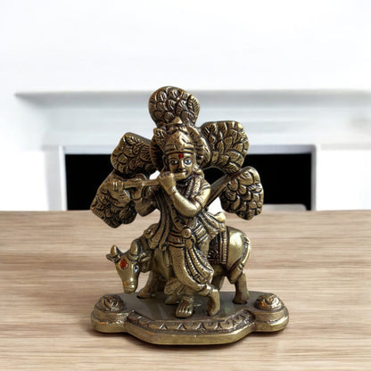 Divine Brass Krishna Idol with Cow | 5 in