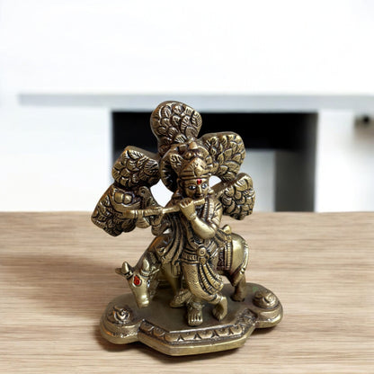 Divine Brass Krishna Idol with Cow | 5 in