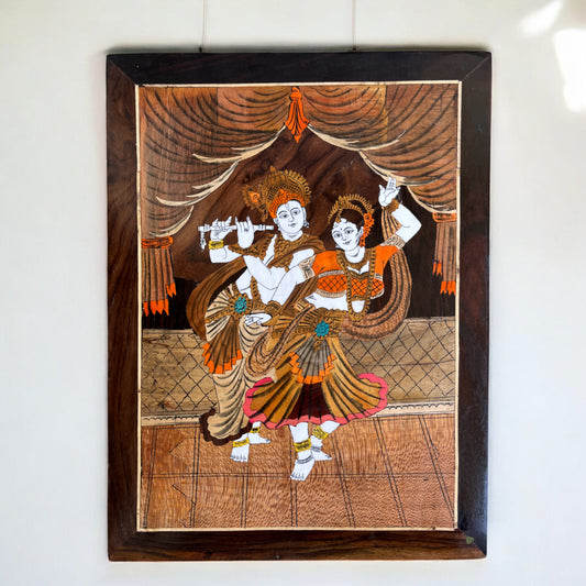 Radha Krishna Wooden Art – A Divine Creation with Intricate Wood Block Detailing | 24 × 18 in