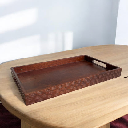 Handcrafted Brown Wooden Serving Tray with Handles – Circular Pattern Border Design | 16×10 in