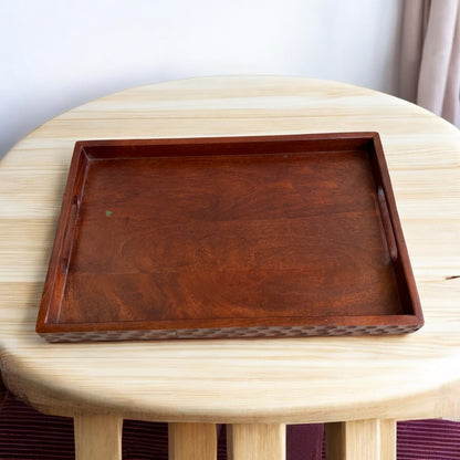Handcrafted Brown Wooden Serving Tray with Handles – Circular Pattern Border Design | 16×10 in