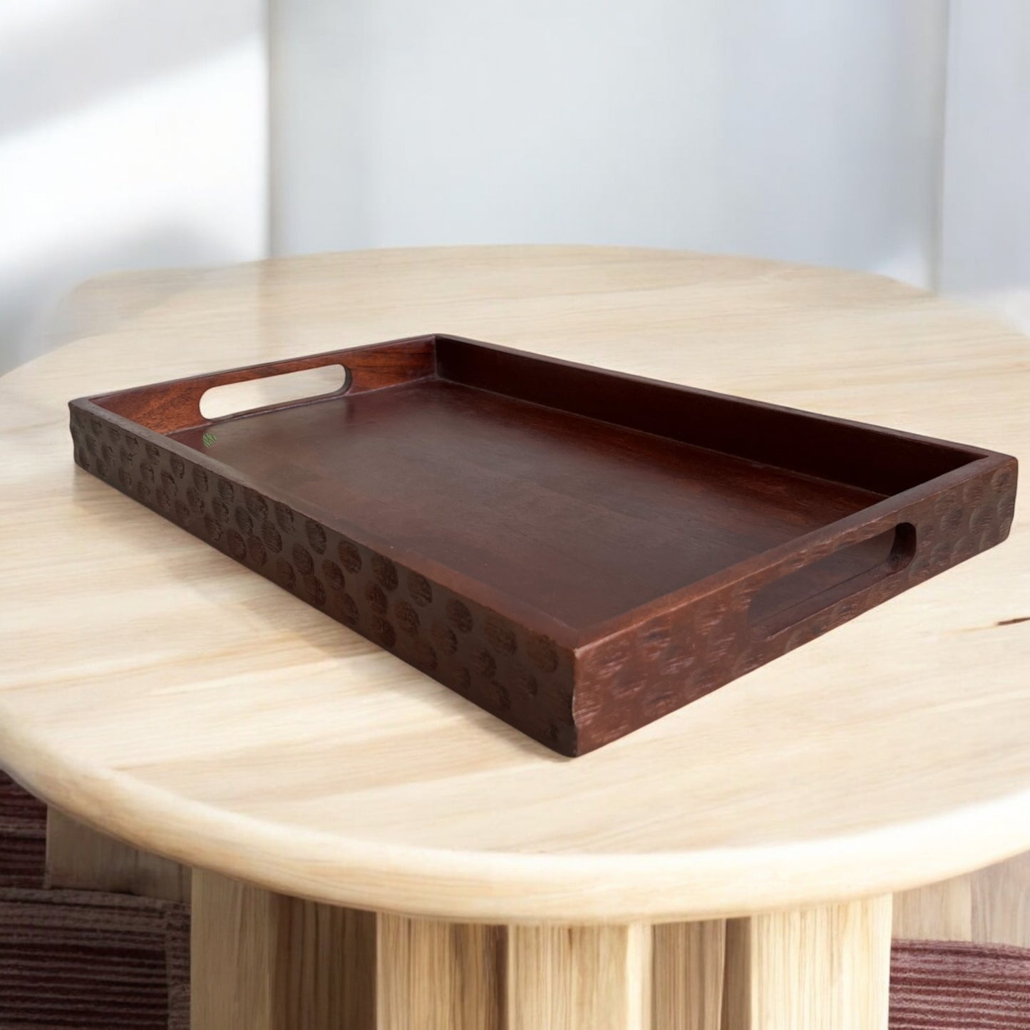 Handcrafted Brown Wooden Serving Tray with Handles – Circular Pattern Border Design | 16×10 in