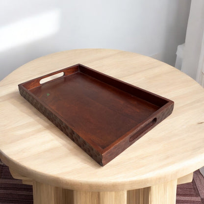 Handcrafted Brown Wooden Serving Tray with Handles – Circular Pattern Border Design | 16×10 in