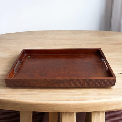 Handcrafted Brown Wooden Serving Tray with Handles – Circular Pattern Border Design | 16×10 in