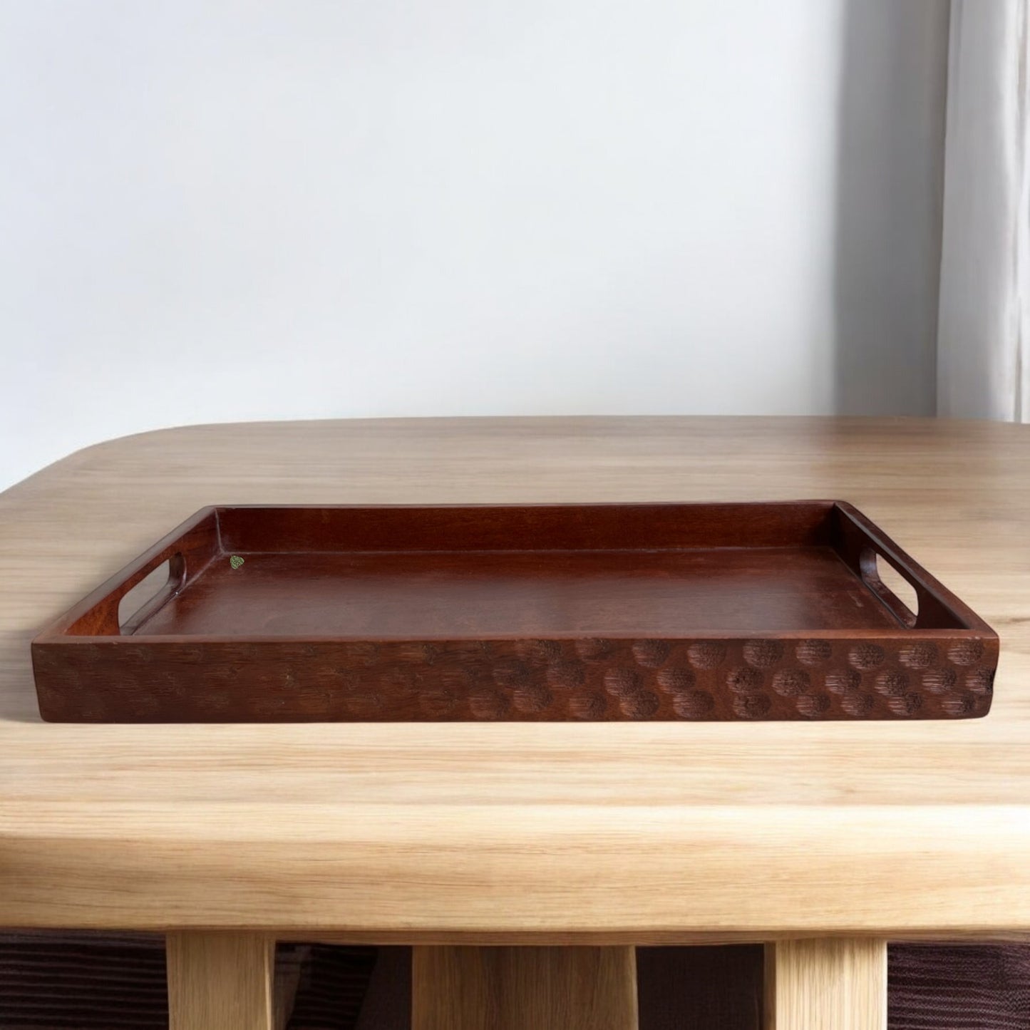 Handcrafted Brown Wooden Serving Tray with Handles – Circular Pattern Border Design | 16×10 in