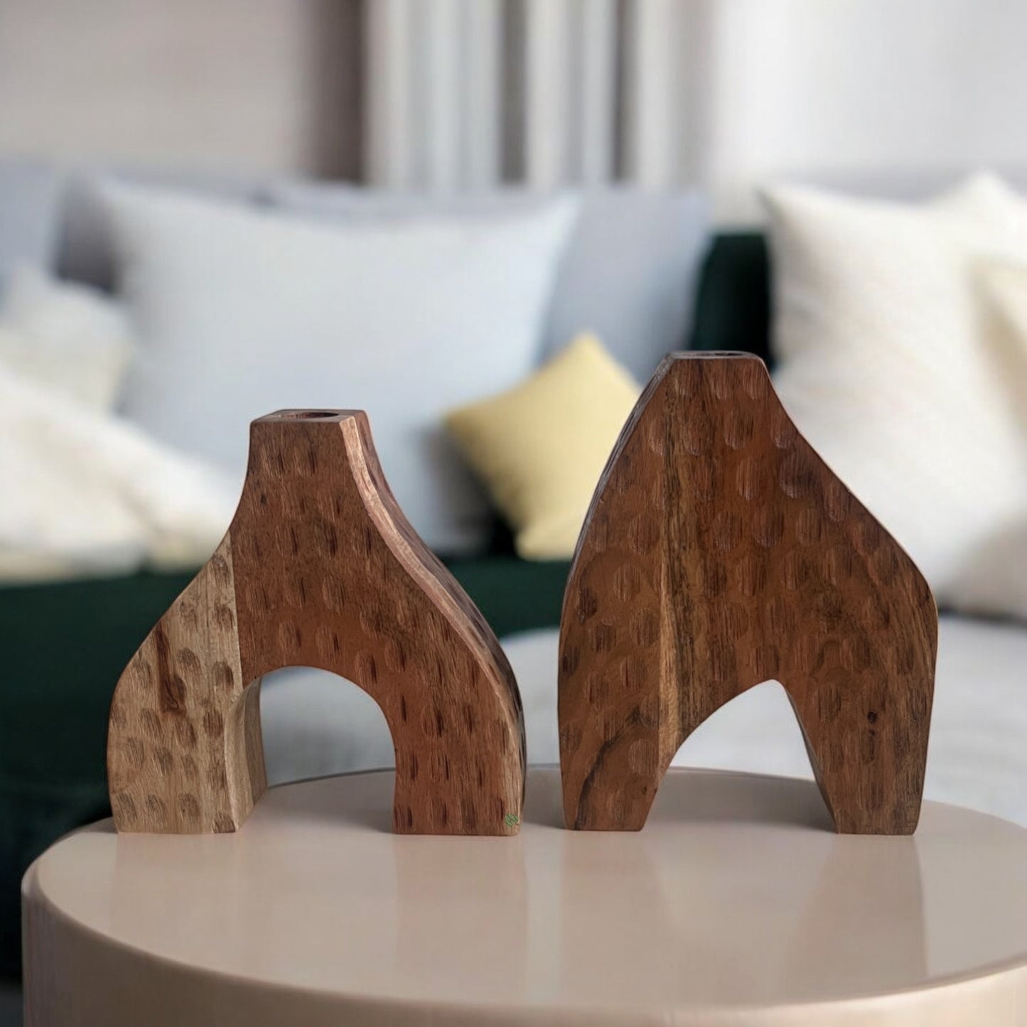 Set of 2 Wooden Vases – Handcrafted Decorative Accents for Home | Large 8×6in | Small 7×7in