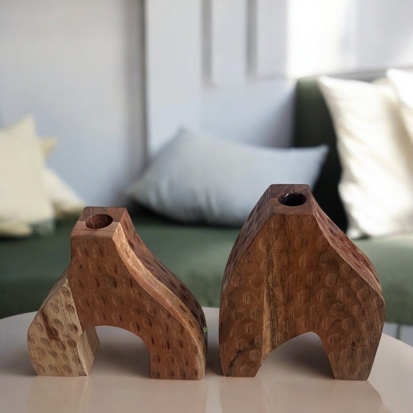 Set of 2 Wooden Vases – Handcrafted Decorative Accents for Home | Large 8×6in | Small 7×7in