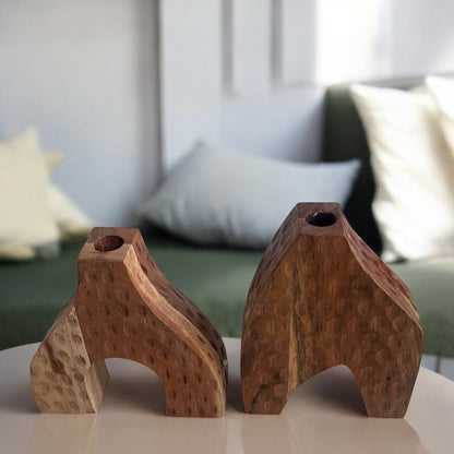 Set of 2 Wooden Vases – Handcrafted Decorative Accents for Home | Large 8×6in | Small 7×7in
