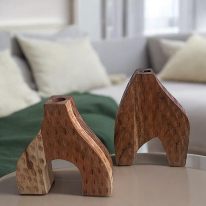 Set of 2 Wooden Vases – Handcrafted Decorative Accents for Home | Large 8×6in | Small 7×7in