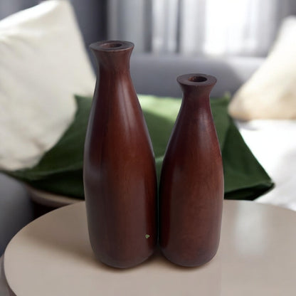 Set of 2 Dark Brown Wooden Vases | Large 13×4inch | Small 11 × 4 in
