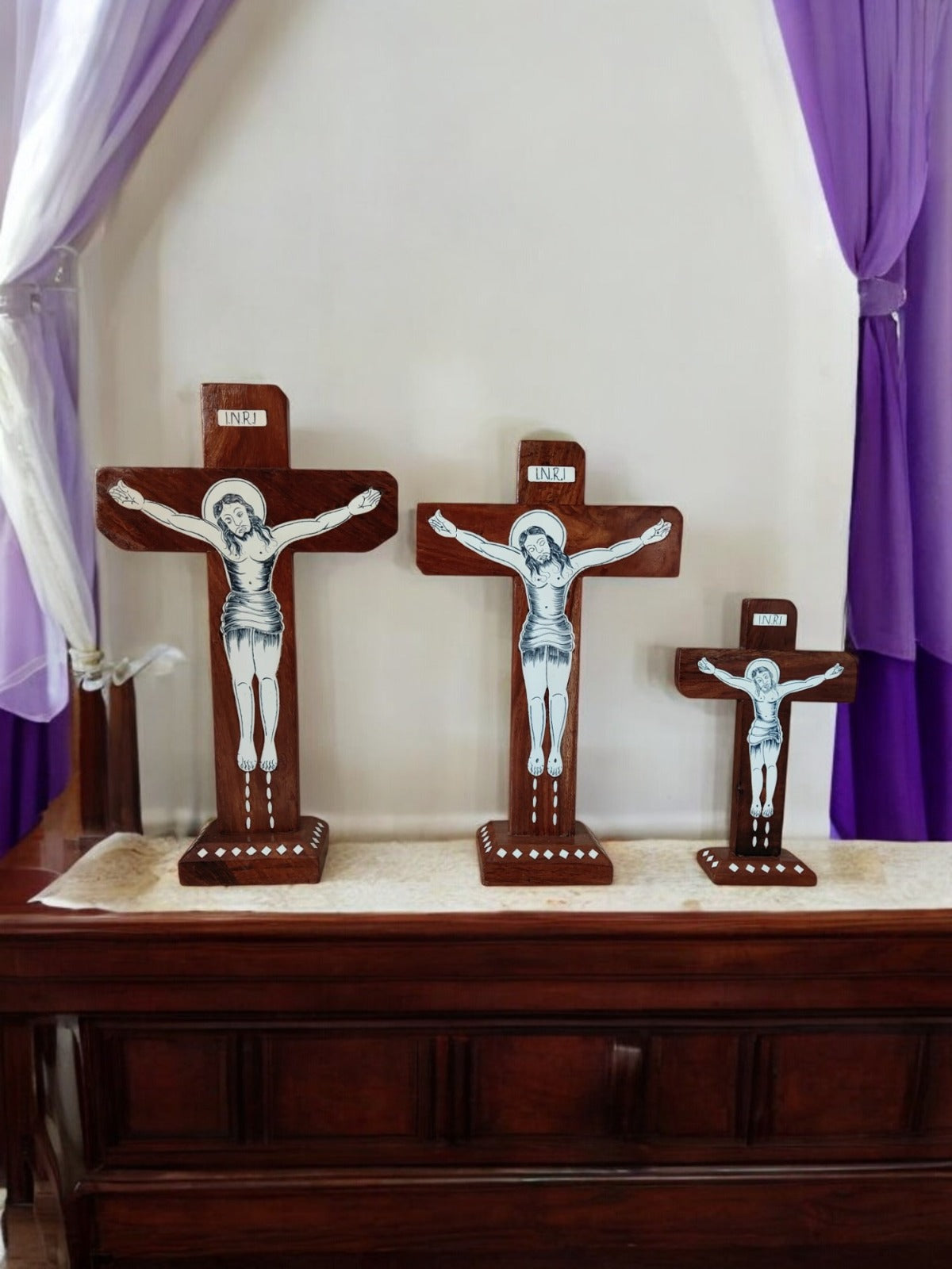 SacredFig Wooden Cross – Handcrafted with Inlay Work & INRI Inscription | Available in S,M & L Sizes