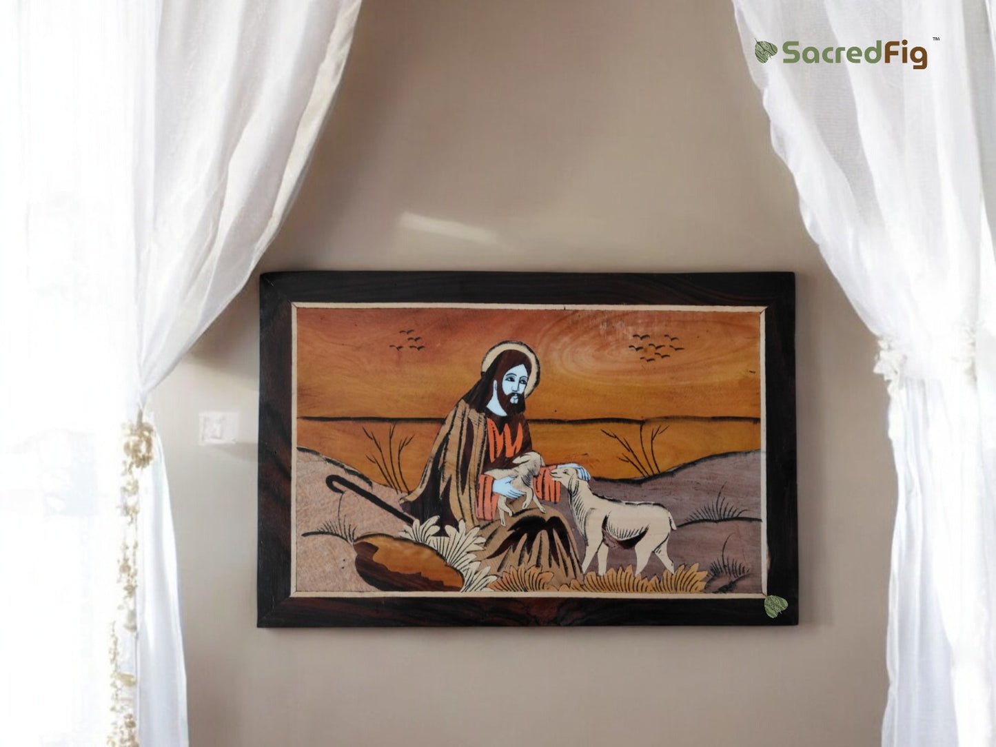 SacredFig Jesus Wall Art – 18x12 Inch | Handcrafted Wooden Panel with Intricate Inlay Work | Spiritual Home Décor