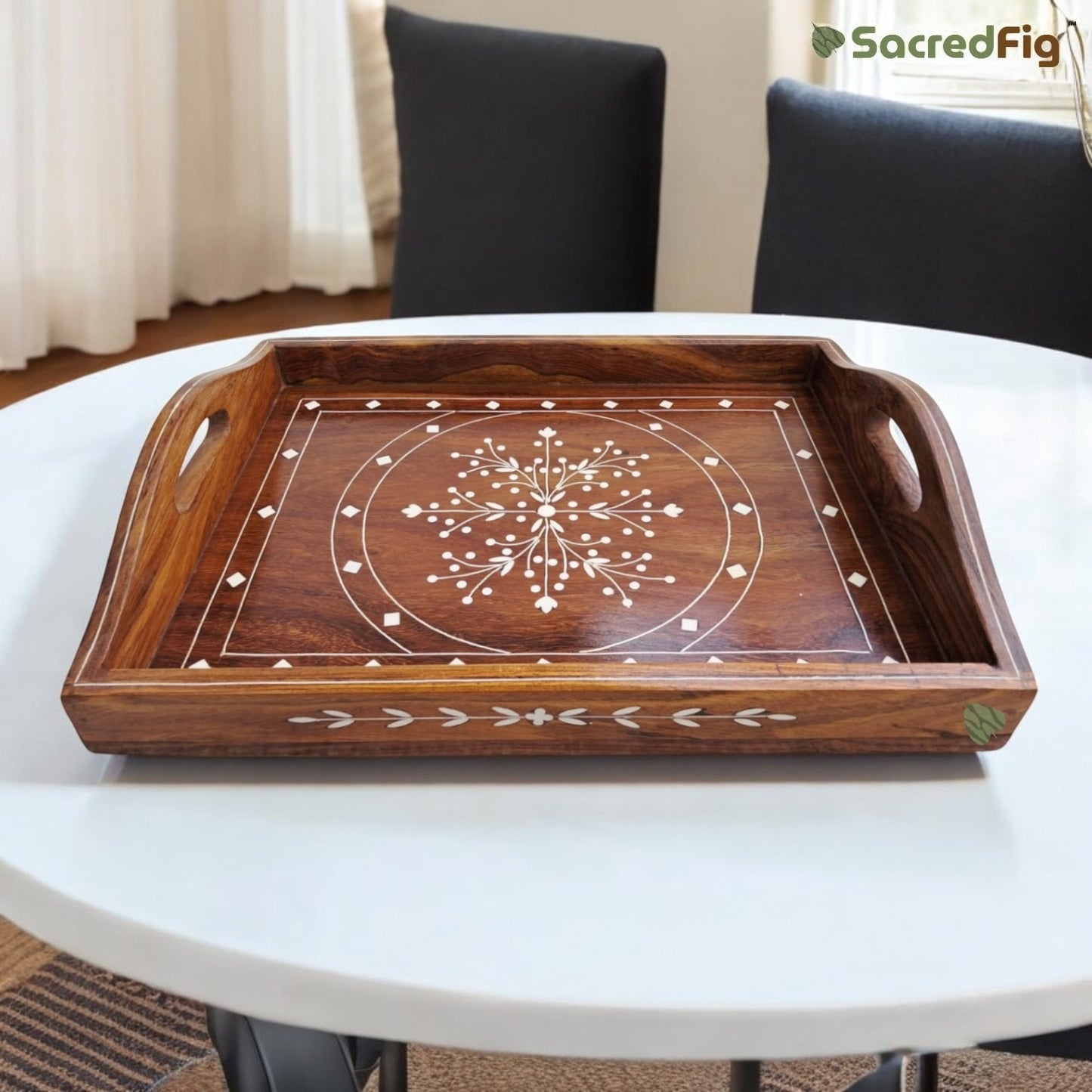 SacredFig Premium Decorative Tray | Made in Sheesham Wood with White Inlaid Work - Rectangle (9x12 in) - SD013