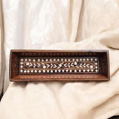 SacredFig Premium Pen & Specs Tray | Decorative Pen Tray in Sheesham Wood with Inlaid Work - SD010| 11 ×4 in