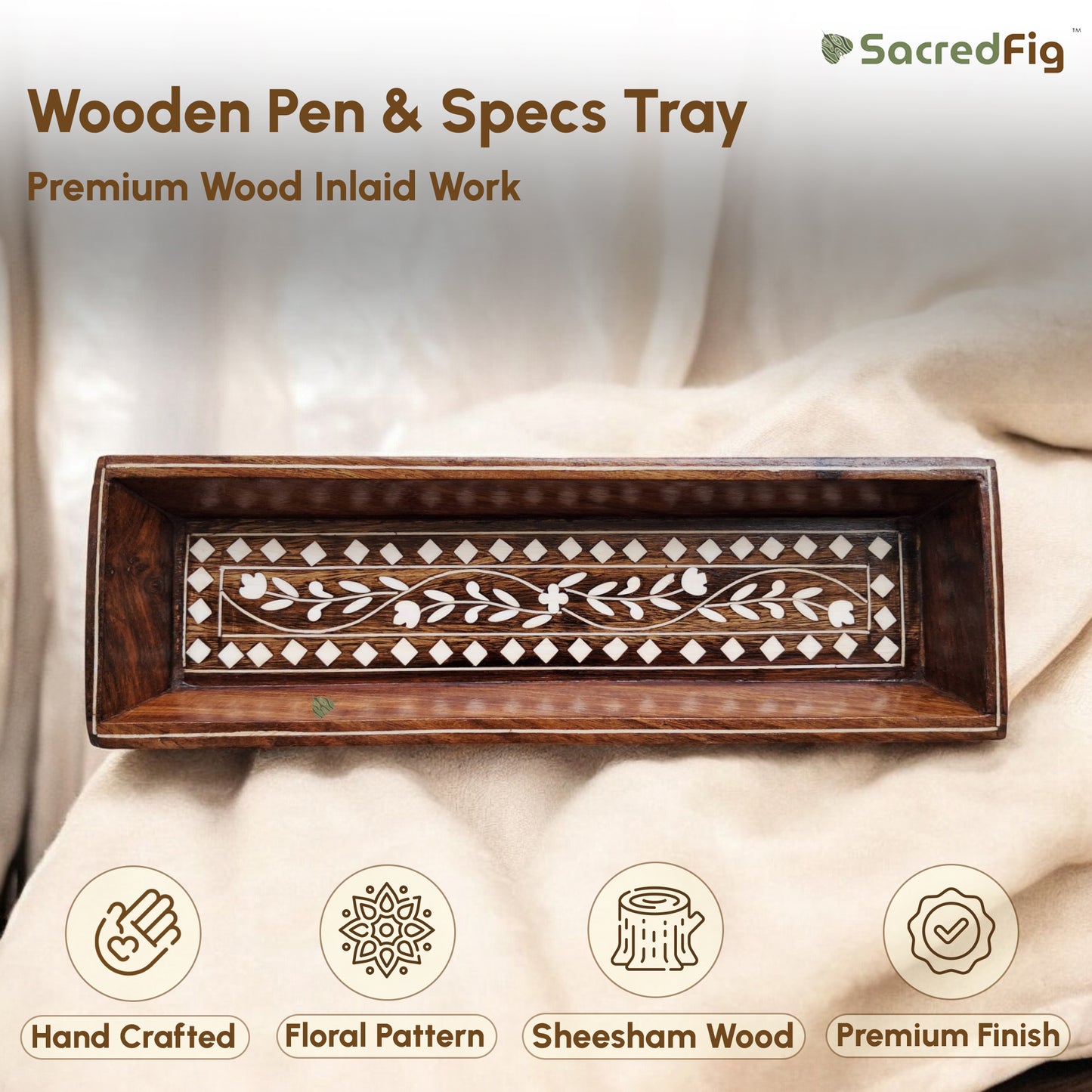 SacredFig Premium Pen & Specs Tray | Decorative Pen Tray in Sheesham Wood with Inlaid Work - SD010| 11 ×4 in