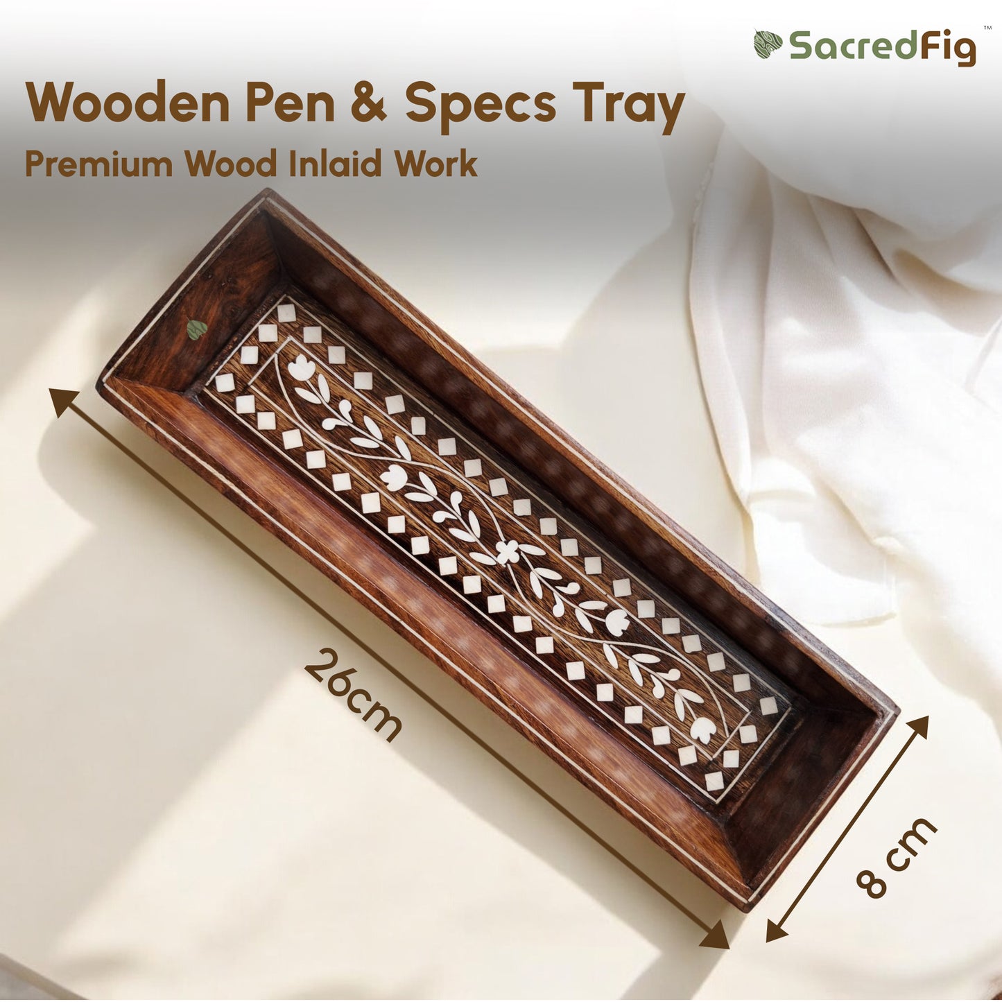 SacredFig Premium Pen & Specs Tray | Decorative Pen Tray in Sheesham Wood with Inlaid Work - SD010| 11 ×4 in